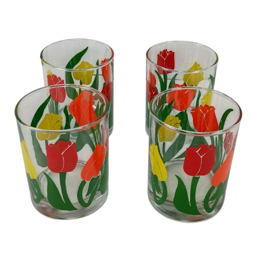 Set Of 4 Vtg Retro Anchor Hocking Lowball Rocks Glasses with Multicolor Tulip